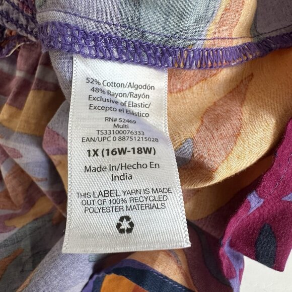 Terra & Sky Smocked Top Women's Size 1X Purple Bell S/Sleeve Artzy Abstract Boho - Picture 6 of 11